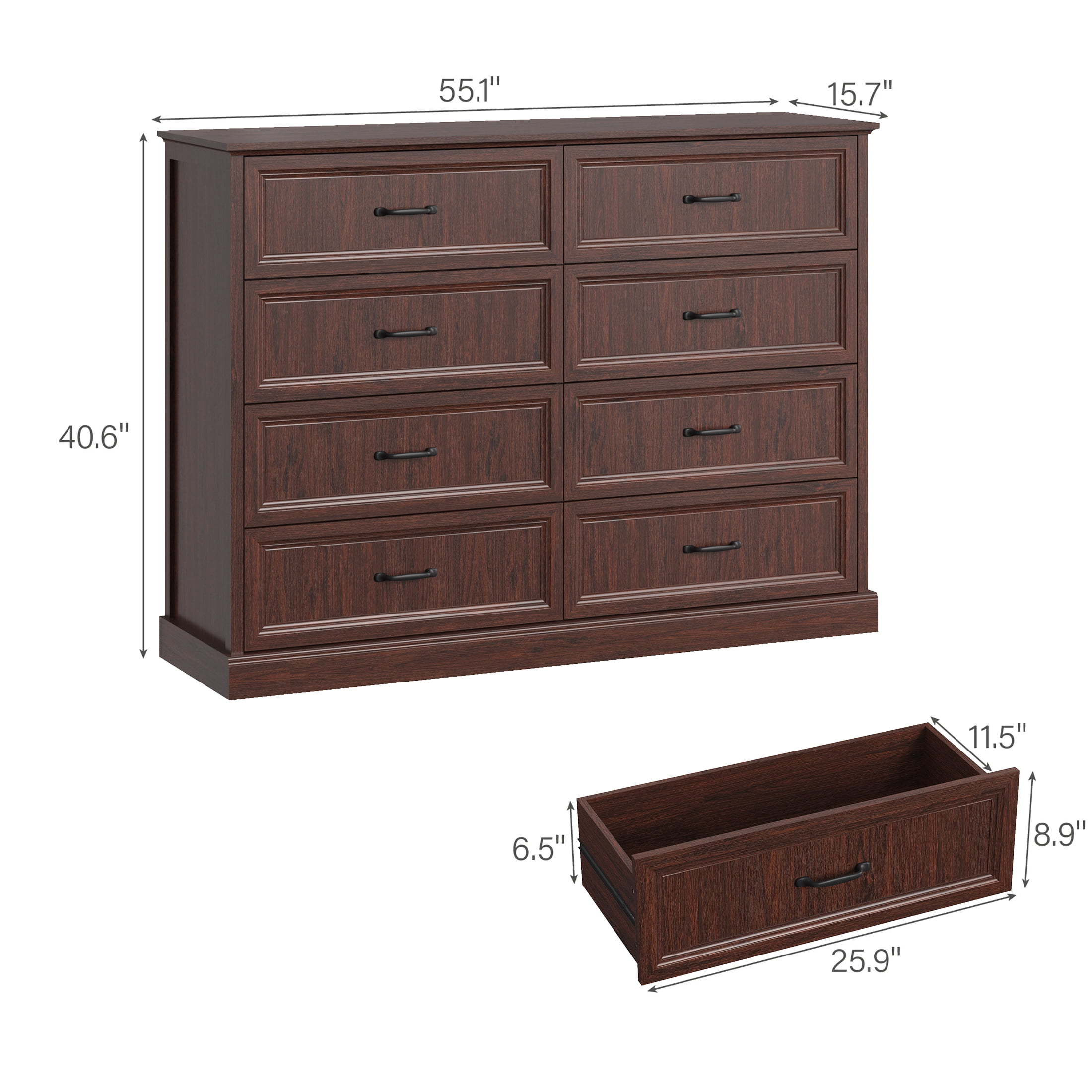 YouTrend Rustic 8-Drawer Wood Dresser, Large Storage Chest Organizer with Metal Handles for Bedroom, Living Room, Farmhouse Style Furniture,Brown