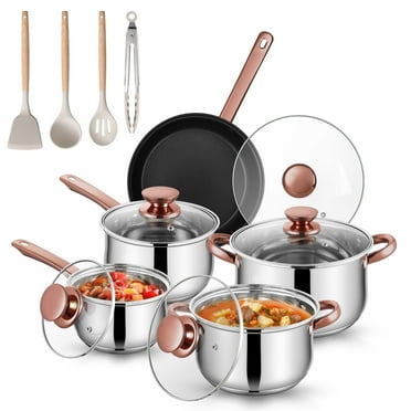 Coliware 14-Pieces Cookware Sets, Stainless Steel Pots and Pans Set, Non-Stick Kitchen Cooking Sets, Induction Ready & Easy Clean