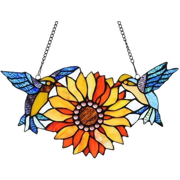 Vinplus Sunflower Birds Stained Glass Window Hangings Tiffany Glass Suncatchers Window Panel for Home Decor and Parents Gifts