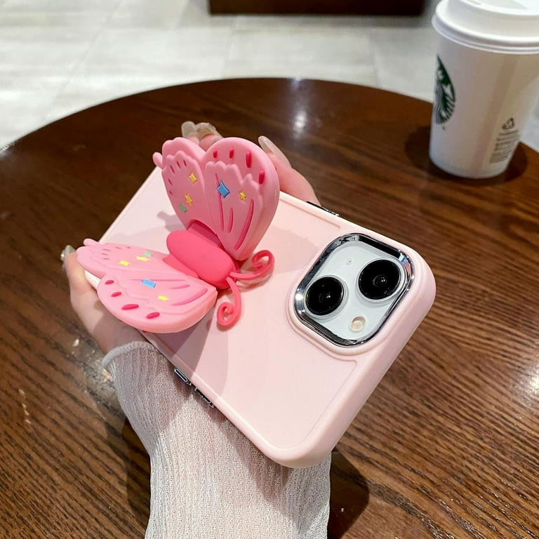 Cute Solid Color Phone Case with Butterfly Wing Holder for iPhone
