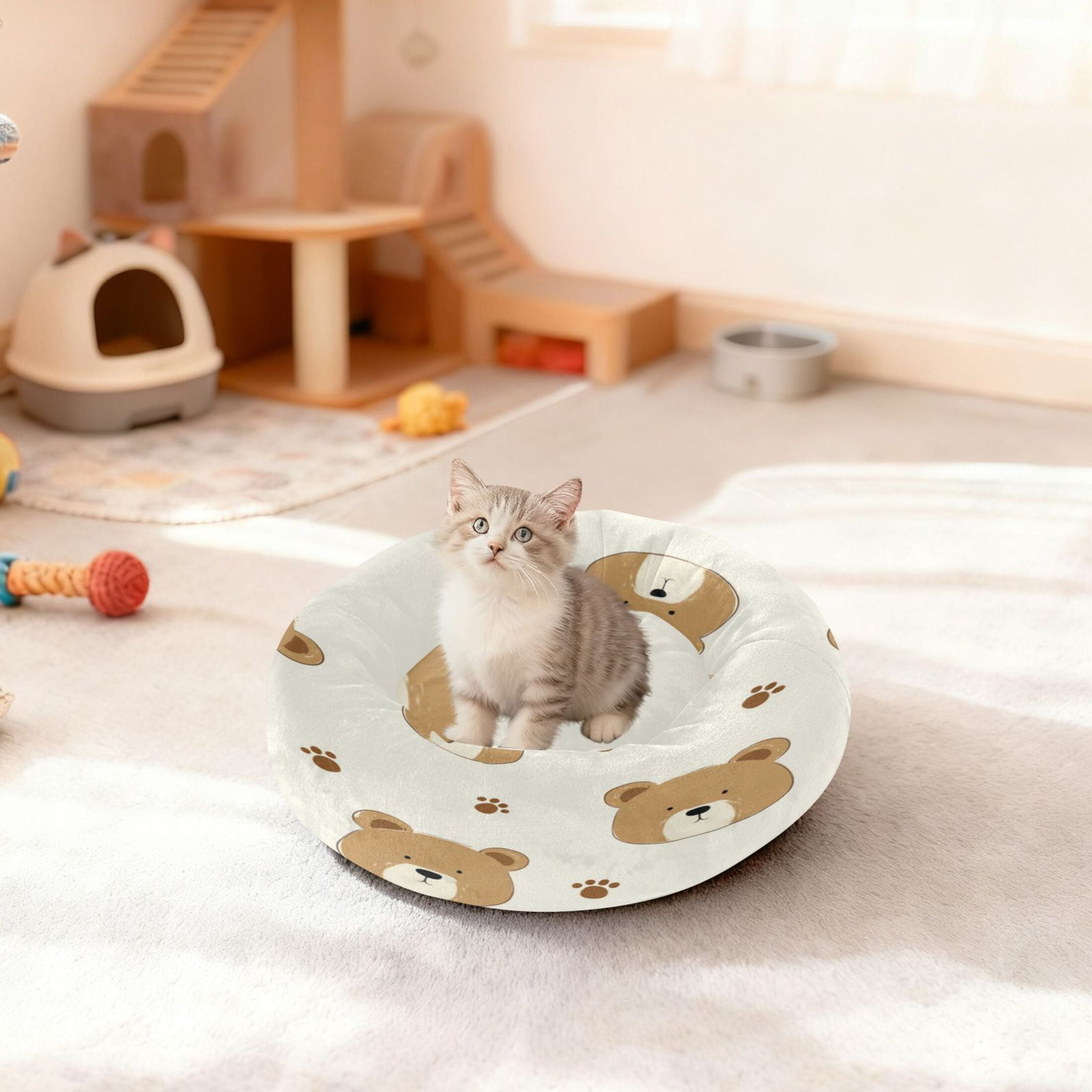 Iauyy Pet Couch Donut Cat Bed for Indoor Cats/Small Dogs Washable & Machine with Non-slip Bottom Calming Cat Furniture, Many Bear (S)