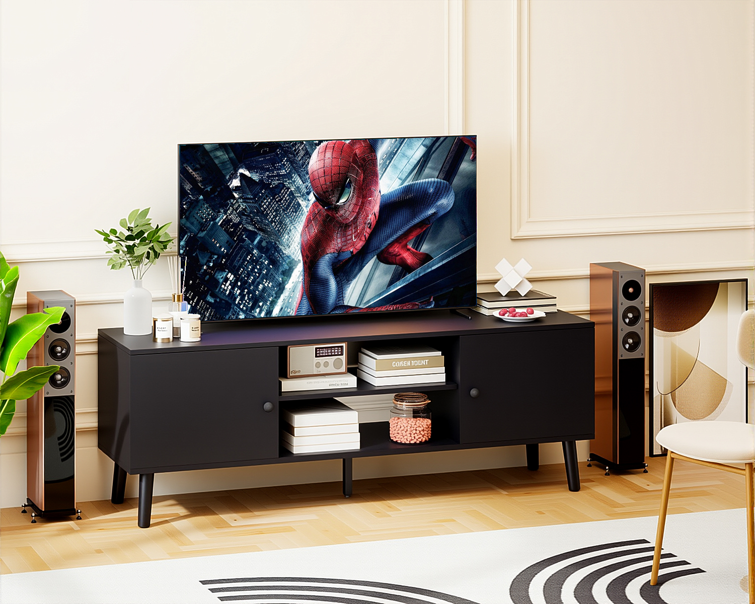 FDW TV Stand for 55 60 Inch TVs,with 2 Storage Cabinets and Open Shelves,Black