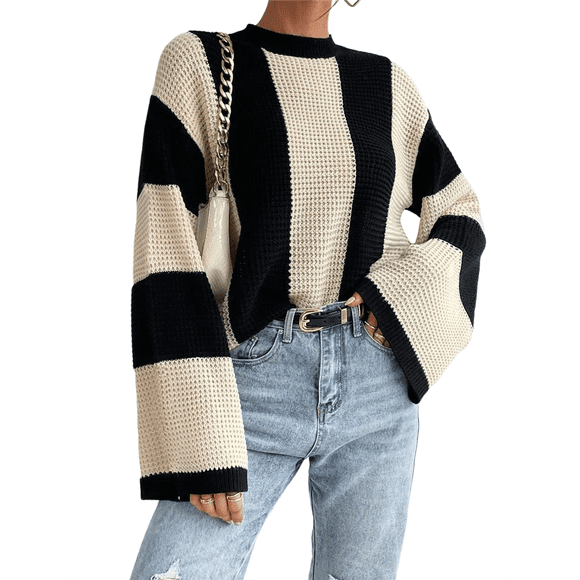 Women's Colorblock Bell Sleeve Mock Neck Knit Sweater Pullover Top M