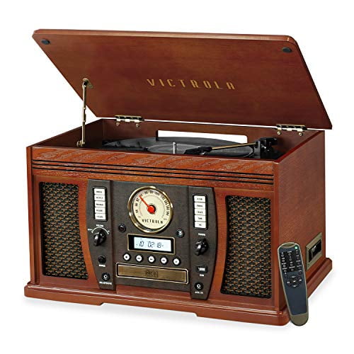 Victrola Aviator Tocadiscos Bluetooth 8 en 1 y centro multimedia con parlantes estéreo incorporados - Tocadiscos de 3 velocidades, grabación de vinilo a MP3, transmisión inalámbrica de música, caoba Victrola VTA-754B