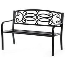 Black Outdoor Steel Park Bench Cast Iron Scrollwork Backrest Garden Lawn Decor