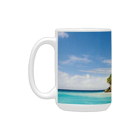 

Summer Boats on Tropical Island Sandy Beach with Palms Exotic Image Sky Blue Turquoise Fern Green Ceramic Mug (15 OZ) (Made In USA)