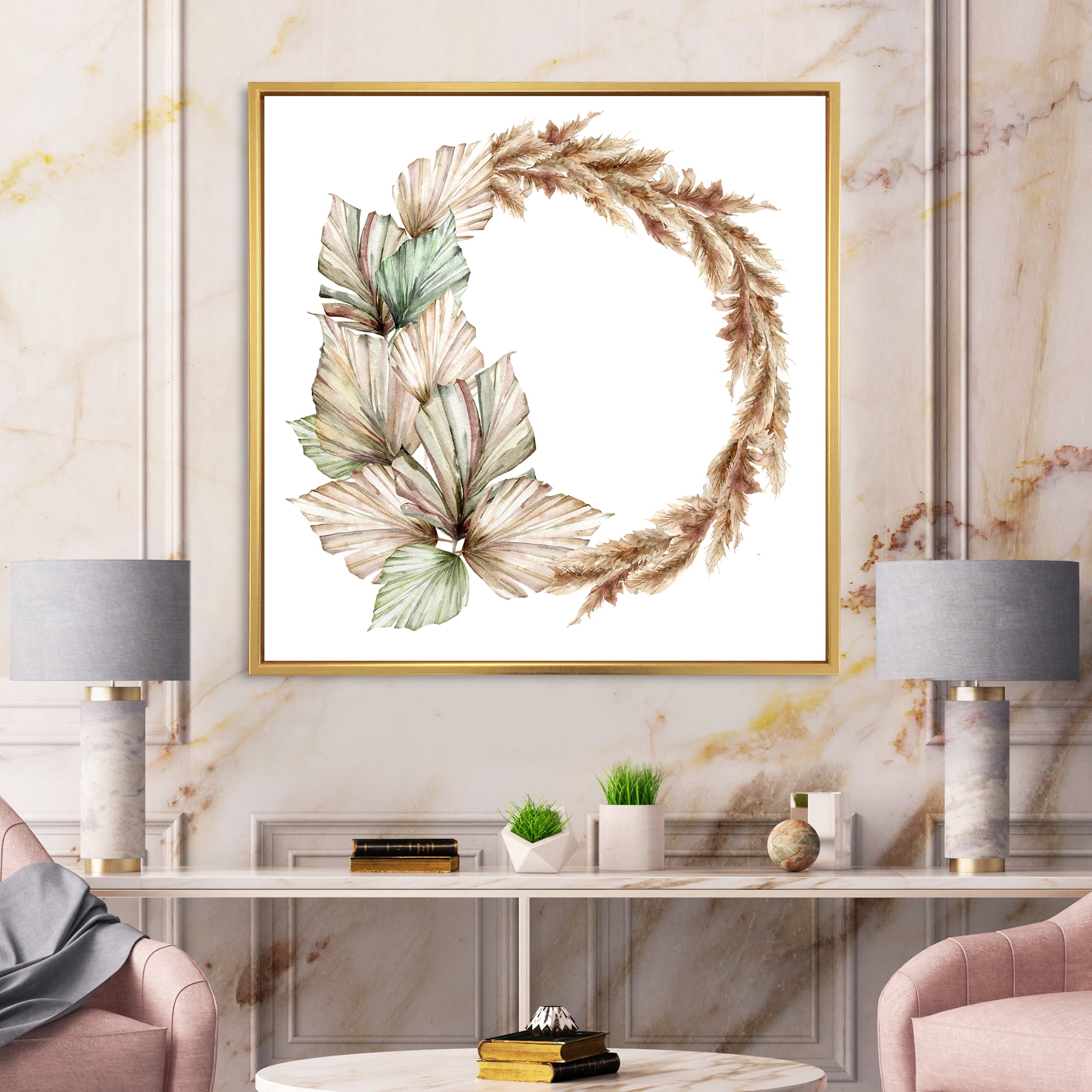 Designart 'Dry Palm Leaves and Pampas Grass With Wreath' Traditional Framed Canvas Wall Art Print