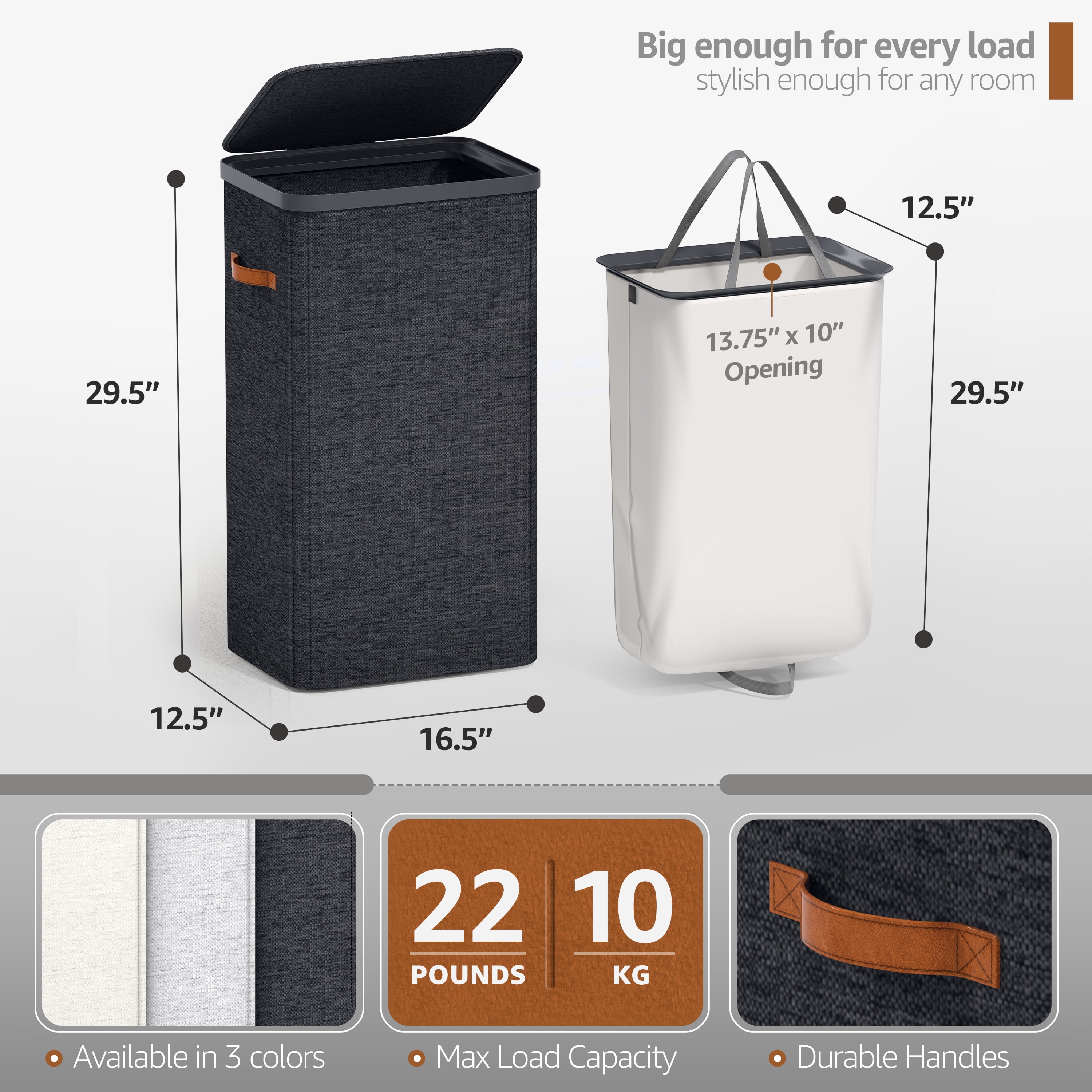 Sorbus Collapsible Fabric Laundry Hamper 2-Pack with Removable Bag, 1 Compartment, Black