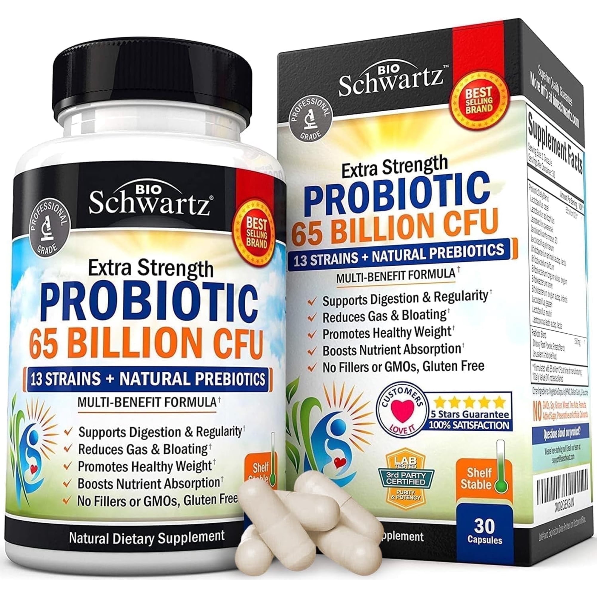 BioSchwartz Extra Strength Probiotic Capsules, Prebiotics and Probiotics for Women and Men, 65B CFUs, 30 Count