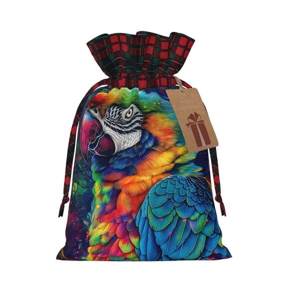 Kdxio Vibrant Rainbow Parrot Fantasy Christmas Drawstring Bags Xmas Buffalo Plaid Candy Bags Linen Treat Bags Christmas Gift Bags for Presents-Black