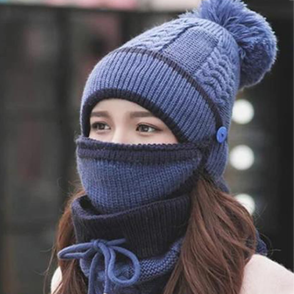 YZCH 3PCS Womens Winter Scarf Set Thickend Knitted Hat Scarf Face Cover Outdoor 