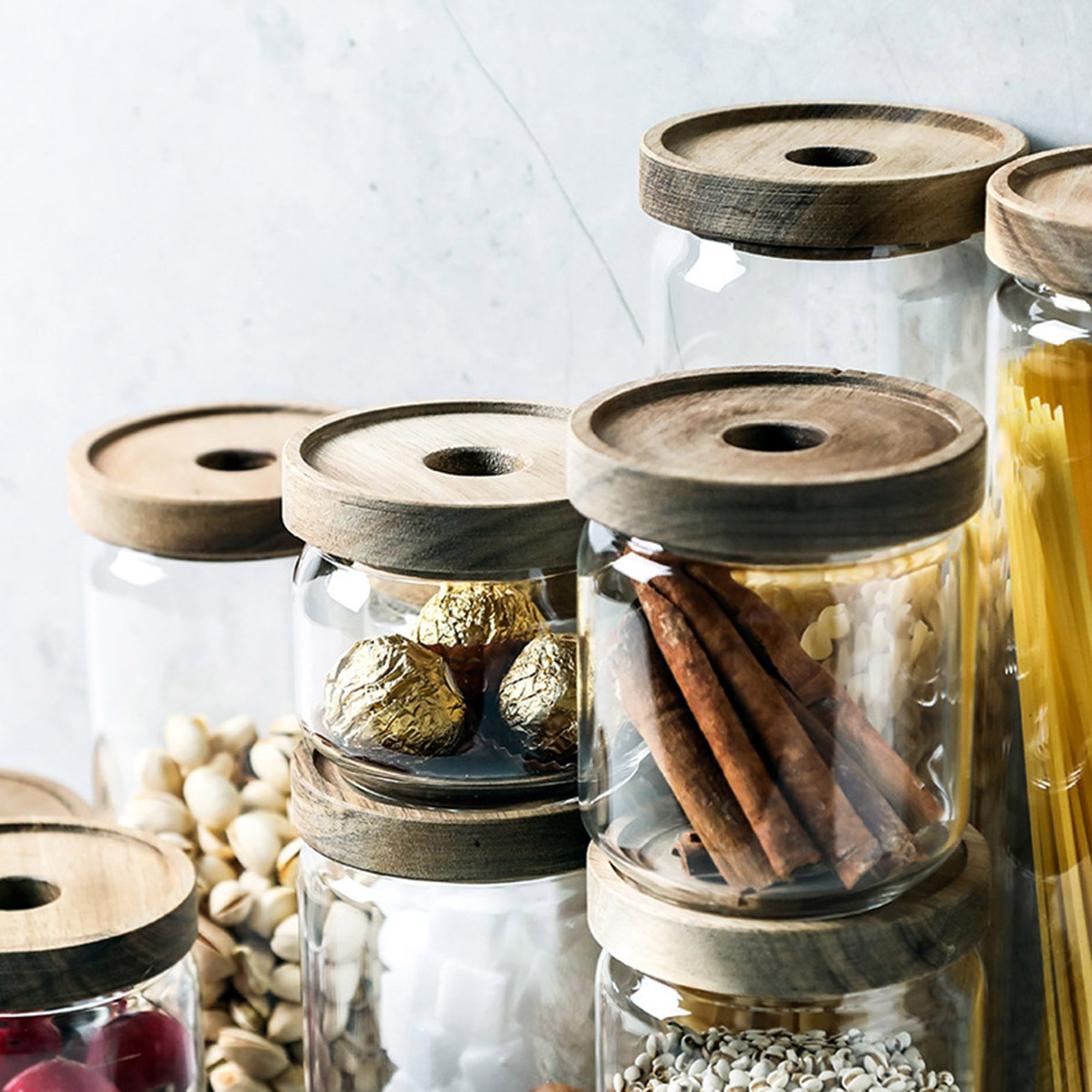 Kitchen Food Holder, Wood Lid Bottle, Home Clear Space Saving