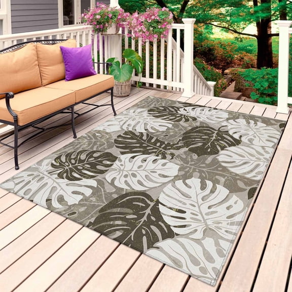 Black Gray Palm Leaves Outdoor Rug for Patio/Deck/Porch, Non-Slip Large Area Rug 4 x 6 Ft, Summer Tropical Botanical Retro Indoor Outdoor Rugs Washable Area Rugs, Reversible Camping Rug Carpet Runner