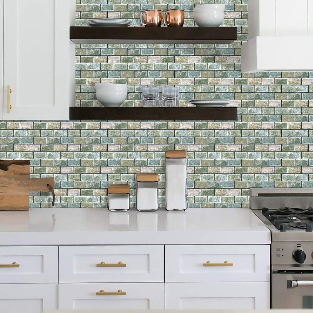DEWOO 10 Sheets Peel and Stick Tile Backsplash for Kitchen Wall Tile, Self Adhesive Brick Backsplash Subway Tiles Backsplash, Stick on Tiles Kitchen Backsplash(Retro Green,10.6"x10")