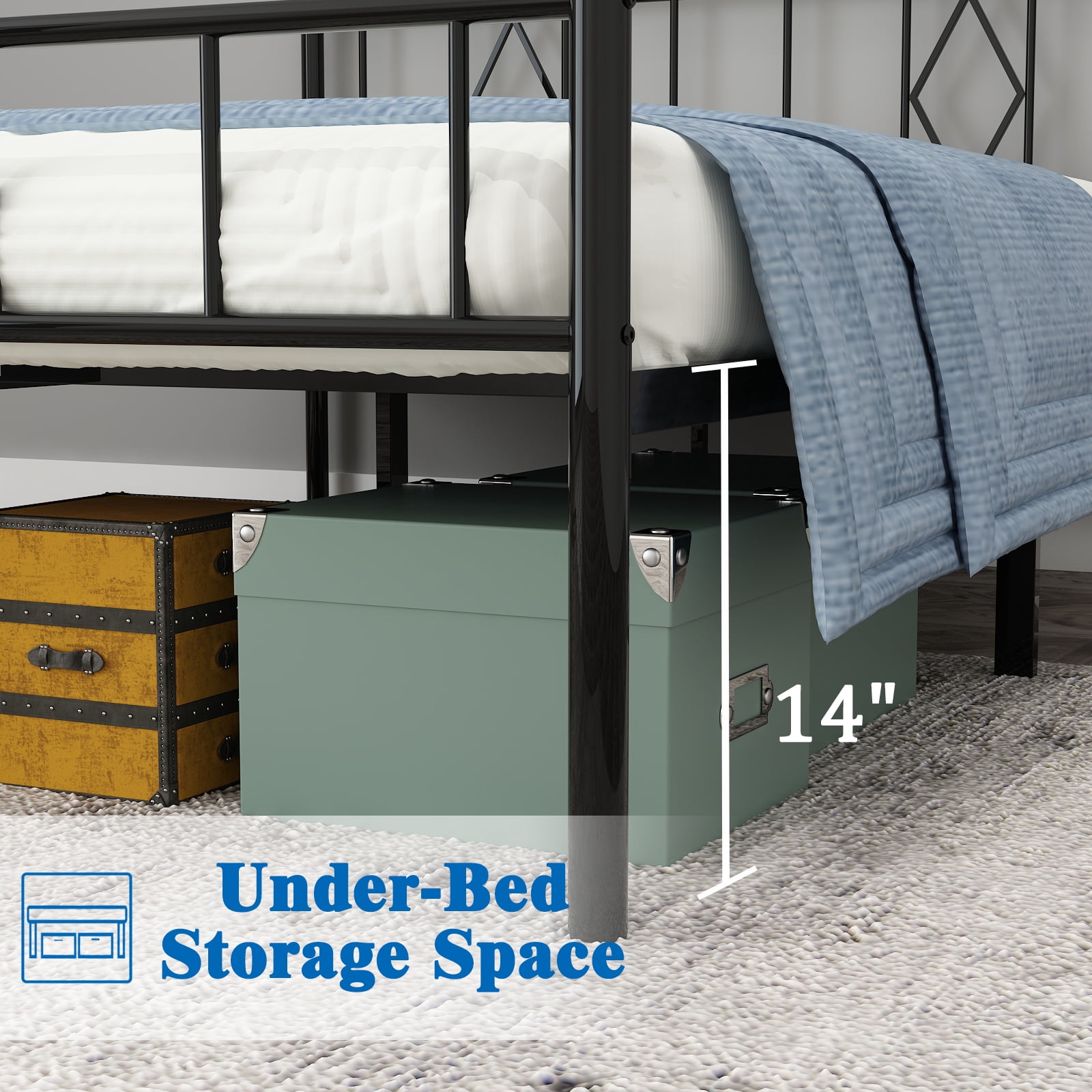 MAYEERTY 14"H Queen Size Metal Bed Frames with Iron-Art Headboard, Footboard, No Box Spring Needed, Black