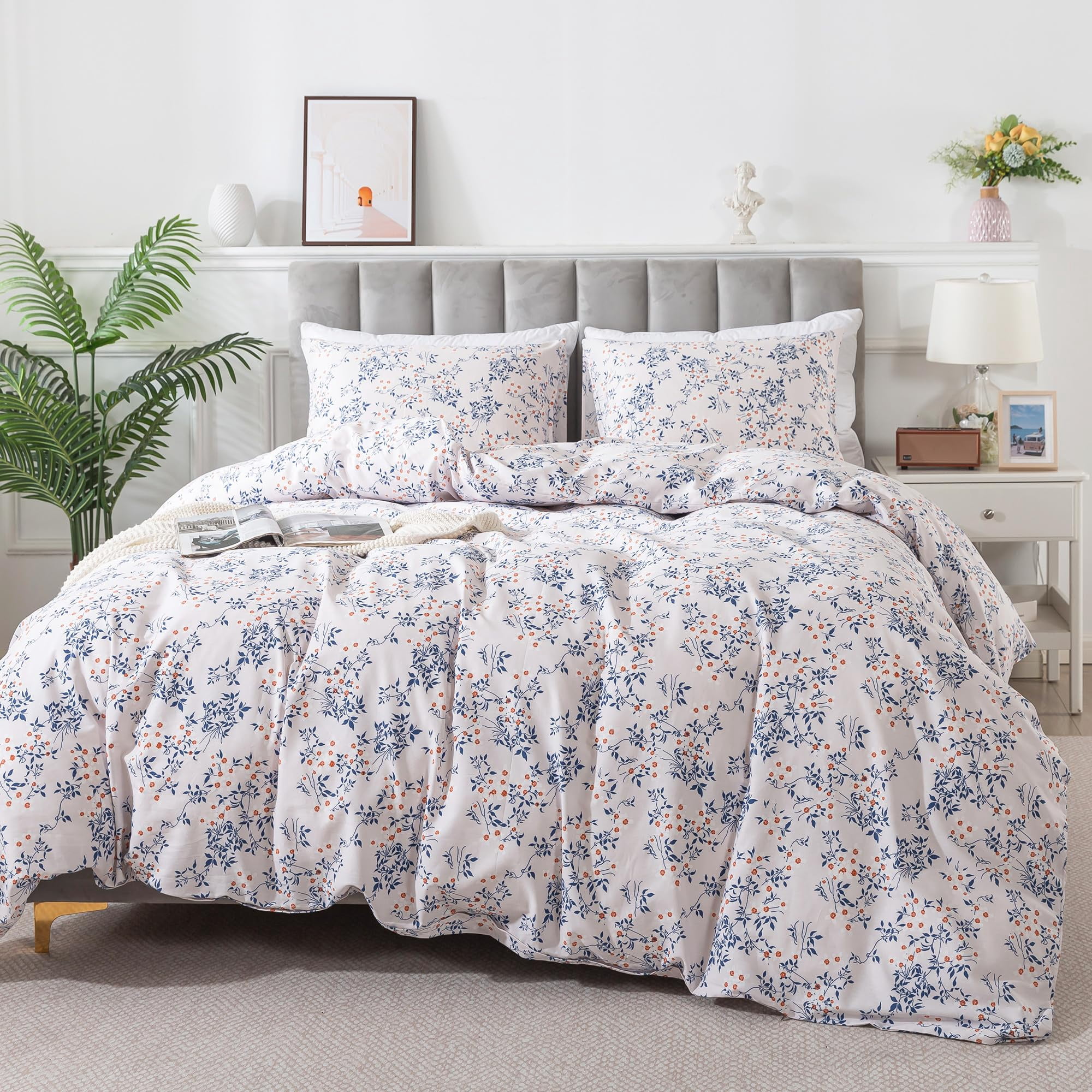 HoneiLife 3pc Duvet Cover Queen Size - 100% Cotton Comforter Floral Breathable Duvet Cover with Zipper Closure & Corner Ties, Blue Leaves