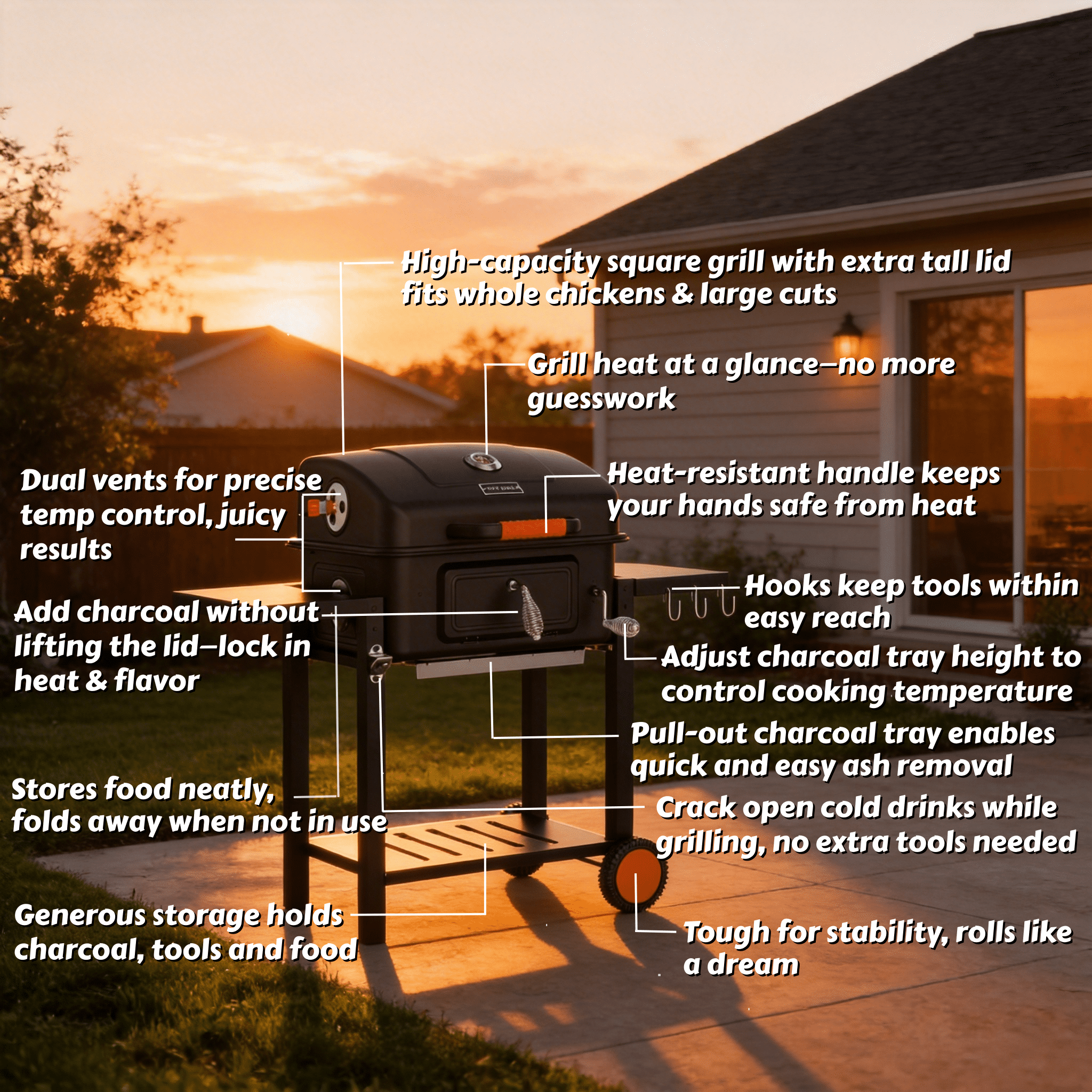 KEYO GRILL Large Charcoal Grill with Foldable Side Tables,Height-Adjustable Pan&Charcoal Door for Backyard,Black