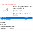 thumbnail image 2 of Air Filter - Compatible with 2005 - 2012 Toyota Avalon 3.5L V6 2006 2007 2008 2009 2010 2011, 2 of 2