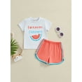 thumbnail image 3 of Aojekbee Toddler Girl Summer Outfit Letter Watermelon Print Short Sleeve T-Shirts Tops and Shorts 2Pcs Clothes Set, 3 of 10
