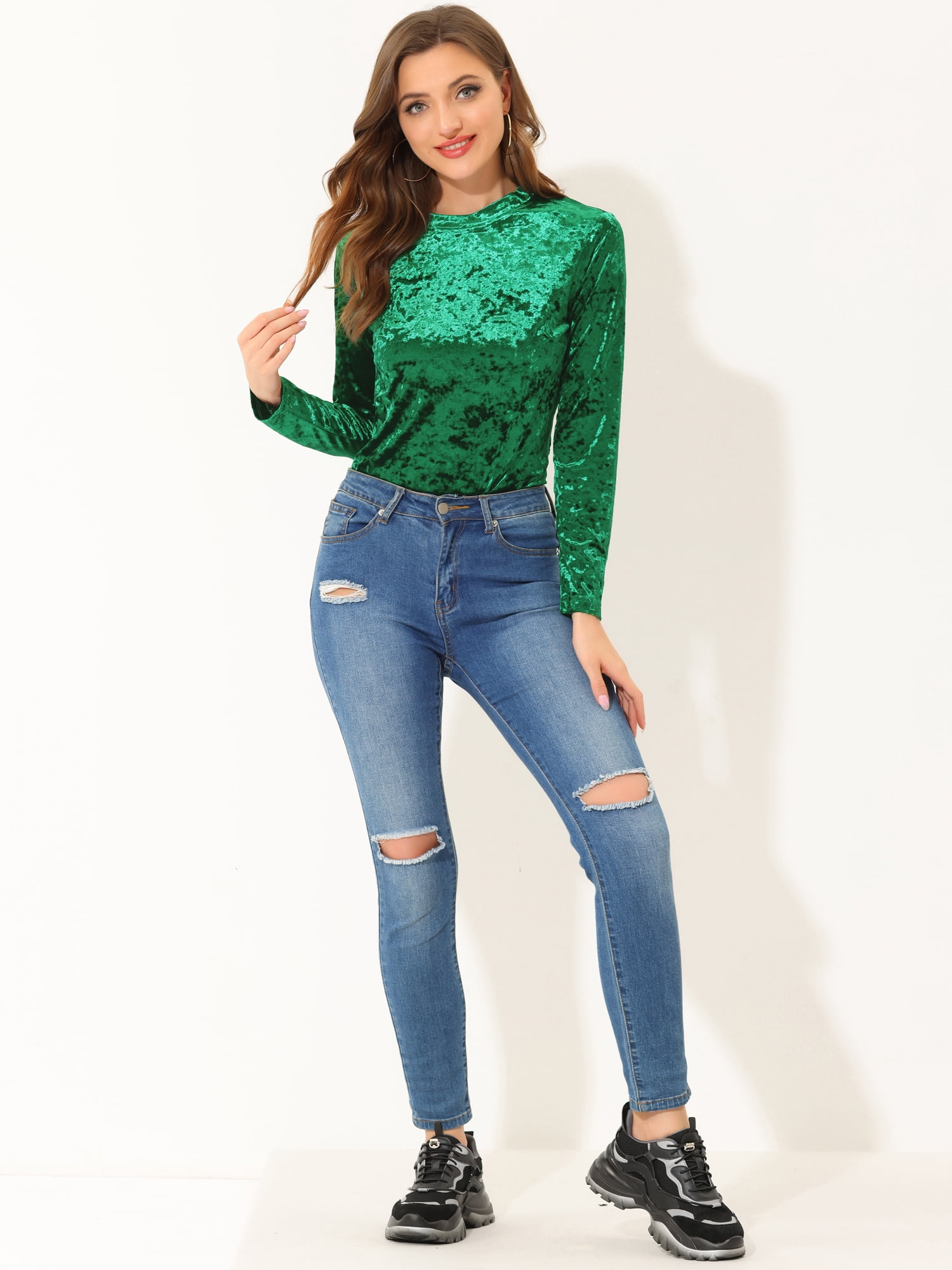 DARING DIVA Velvet Tops Round Neck Casual T-Shirt XL Green