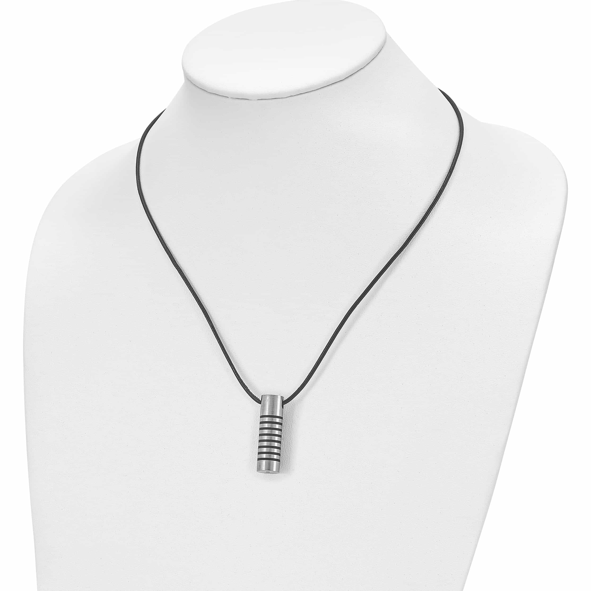 Stainless Steel Cylinder With Black Rubber 18In Leather Cord Necklace Made In China -Jewelry By Sweet Pea