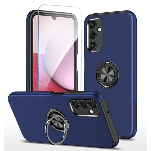For Samsung Galaxy A17 5G Case with Tempered Glass Screen Protector & Ring Holder Kickstand, Magnetic Cover Compatible with Car Mount, Blue