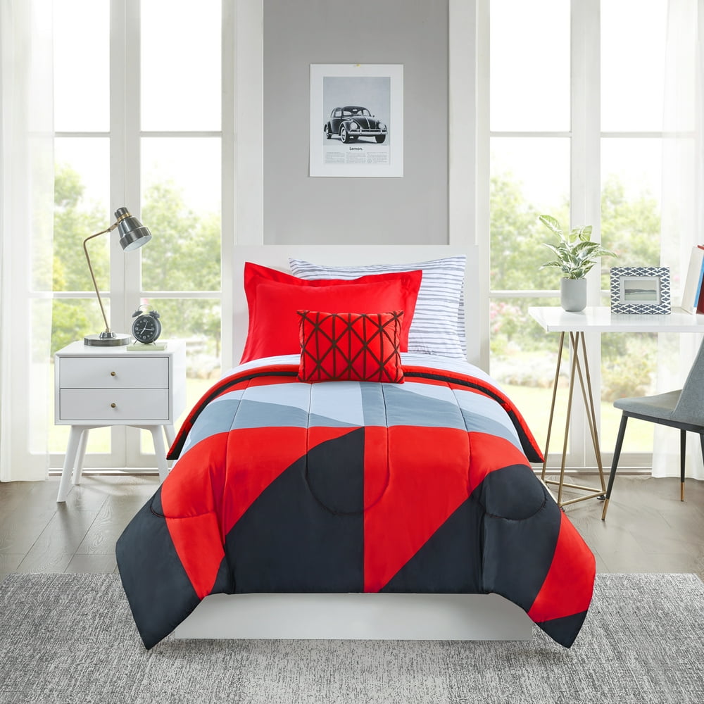 Mainstays Red & Black 6 Piece BedinaBag Bedding Set with Sheet Set