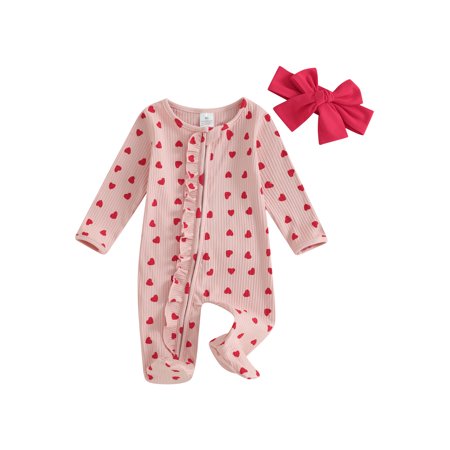 

My First Valentines Day Baby Girl Outfit Newborn Long Sleeve Ruffled Heart Print Zip Up Jumpsuit Knit Bodysuit Bow Headband Set 0-18M