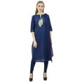 thumbnail image 1 of Atasi Women's Peacock Feather Embroidery Blue Cotton Straight Kurti Clothing-14, 1 of 1