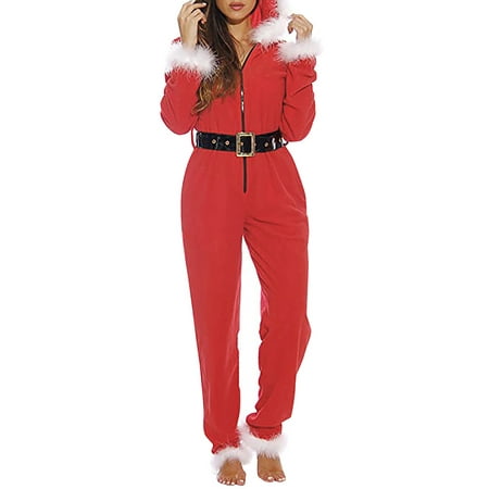 

Spring hue Women Mrs. Claus Zipster Fancy Christmas Outfits Hooded Jumpsuit Pajamas Santa Adult Pjs with Belt