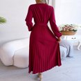 thumbnail image 6 of qafoshin Fall Pleated Dresses for Women V Neck Long Sleeve Midi Dress Waistband Classic Ruched Dress, 6 of 7