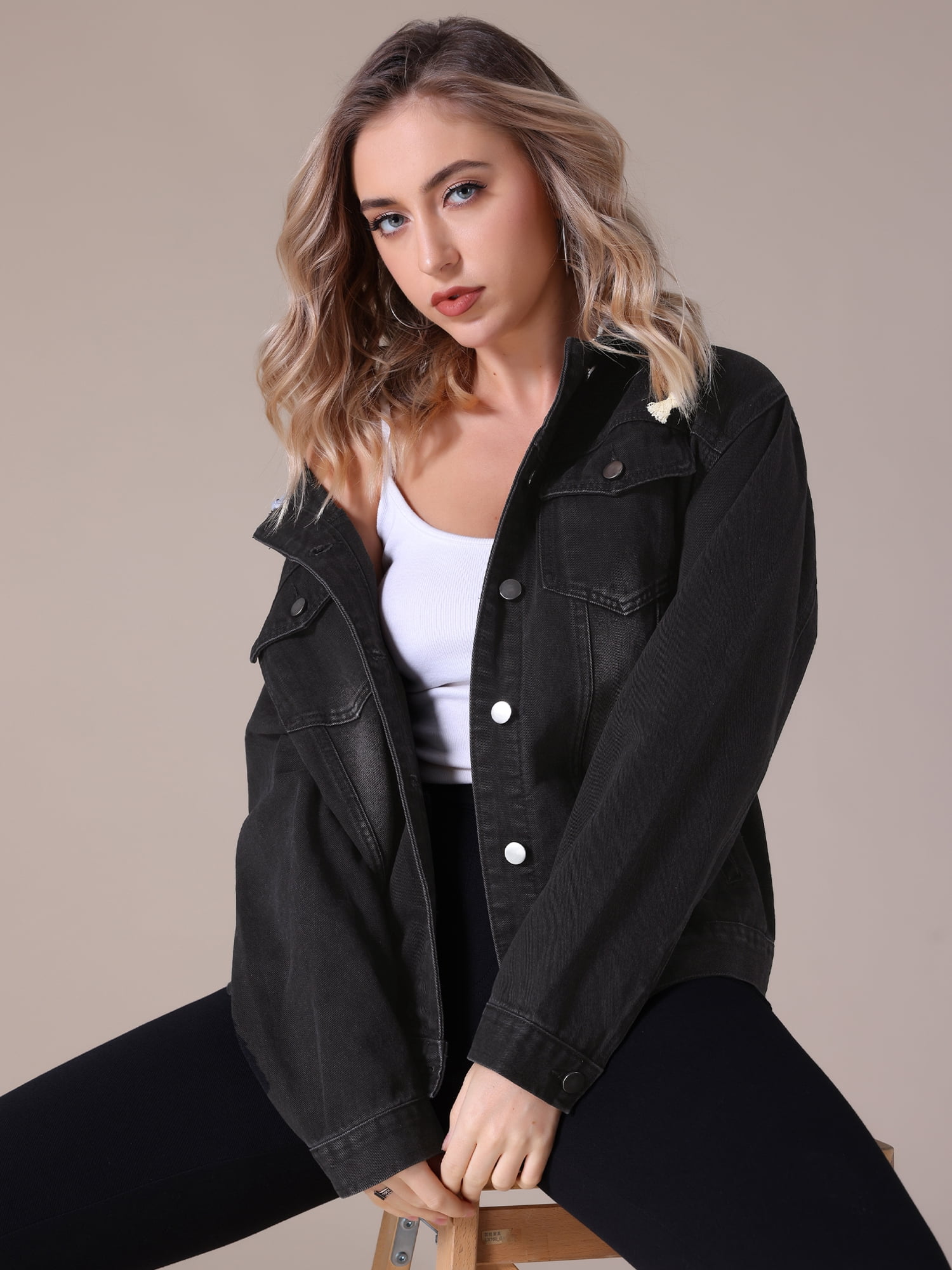 Unique Bargains Women's Denim Long Sleeves Jacket with Detachable Hoodie M Black