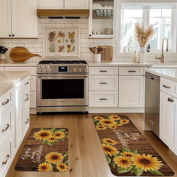 2/3Pcs Spring/Summer Flannel Kitchen Mats, Wooden Board Sunflower Pattern, Non-Slip Comfort Mat for Bedroom, Living Room, Dining Room, Bathroom & Entryway