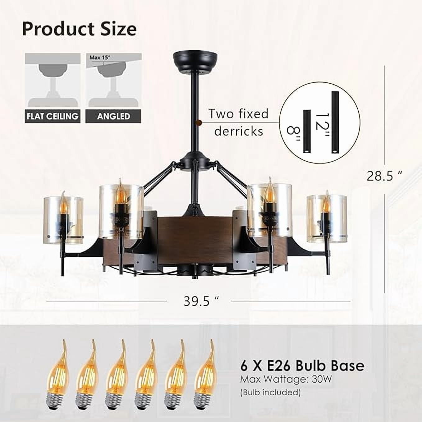 Kviflon 39.5 Inch Rustic Farmhouse Caged Ceiling Fan with Light, Black Vintage Industrial Chandelier Quiet DC Motor Remote for Dining Room Kitchen