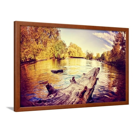 A River Flowing in Autumn Long Exposure Done with a Retro Vintage Instagram Filter Effect Framed Print Wall Art By