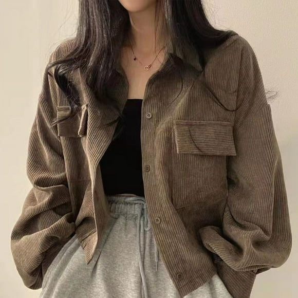 Corduroy Lapel Shirts Outerwear Women Spring and Autumn New Loose Niche Design Single-Breasted High Waist Short Top - XL / Curry