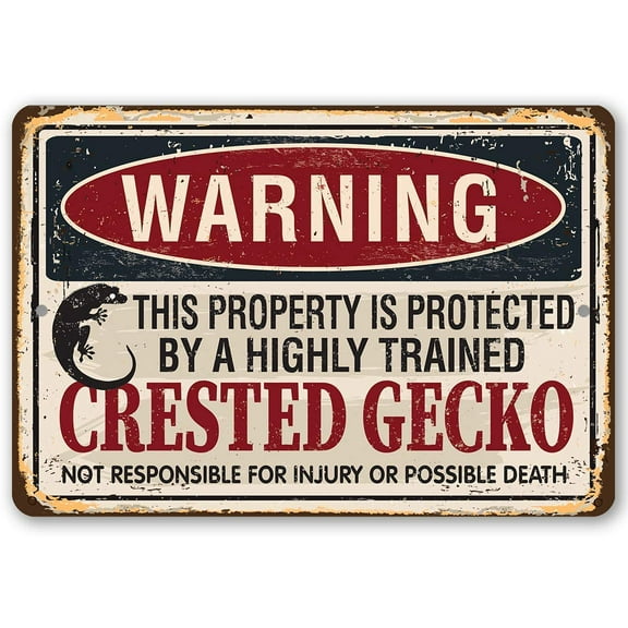 Metal Sign - Warning Property Protected By Crested Gecko - Durable Metal Sign - Use Indoor/Outdoor - Front Door and Bedroom Door Decor or Gift for Exotic Animal Lovers Under $20 (8" x 12")