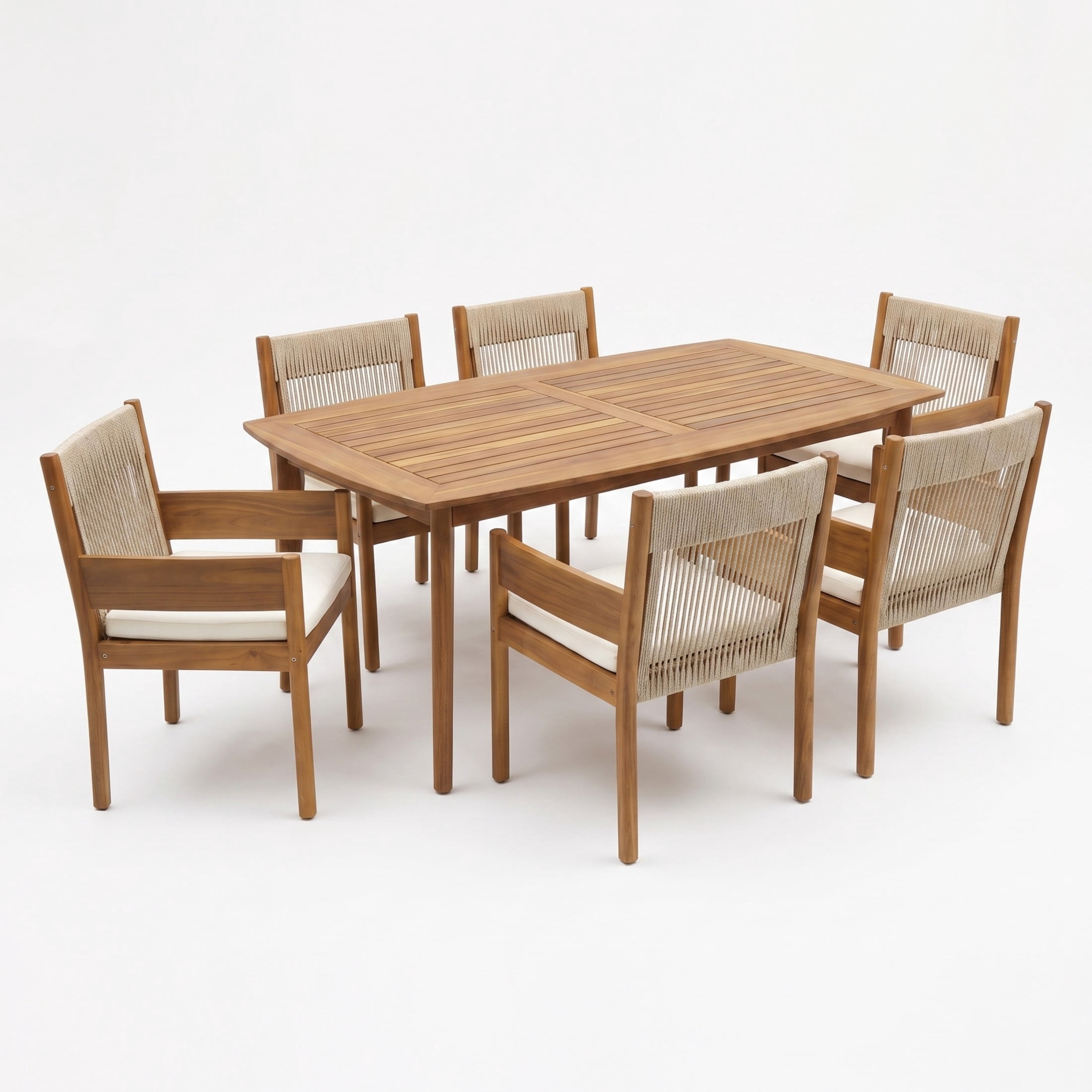 Christopher Knight Home 7-Piece Wooden Patio Dining Set, 71" Table with 6 Rope Chairs, Teak+Beige