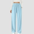 thumbnail image 2 of Olyvenn Women Fashion Textured Pants Wide Leg Casual Palazzo Trousers Drawstring High Waist Lounge Beach Pants with Pockets Light Blue 16-18, 2 of 9