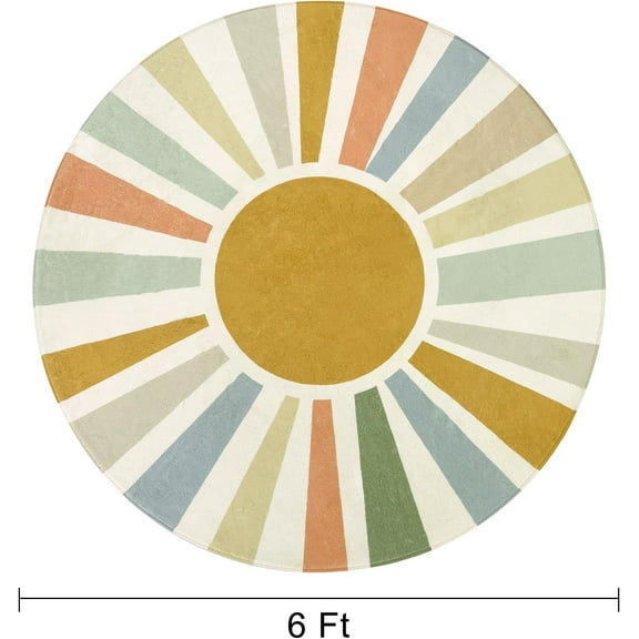 Boho Sun Round Area Rug for Living Room, 6 Ft Washable Nursery Rug for Playroom, Colorful Circle Rugs for Kids Bedroom, Non-Slip Circluar Carpet Soft Large Kid Rug for Classroom Dorm