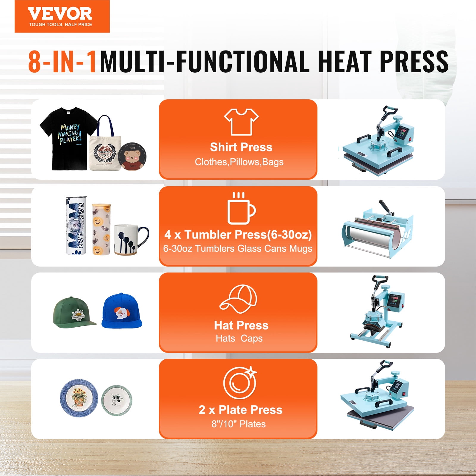 VEVOR Heat Press Machine, 15 x 15 inch, 8 in 1 Heat Transfer Machine with 6-30 oz Tumbler Press, 360° Swing Away T-Shirt Pressing, Digital Precise Control, for T-Shirts/Mugs/Hats/Plates, Green