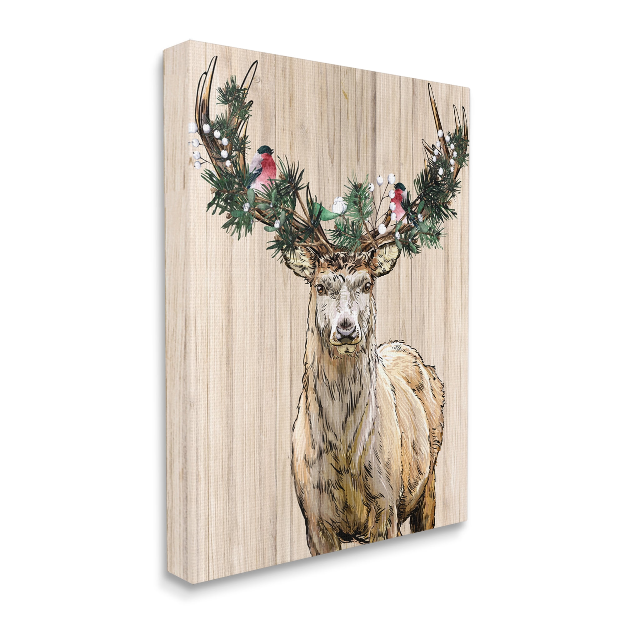 Winter Fir Arrangement Deer Antlers Grainy Pattern Animals & Insects Graphic Art Gallery-Wrapped Canvas Print Wall Art