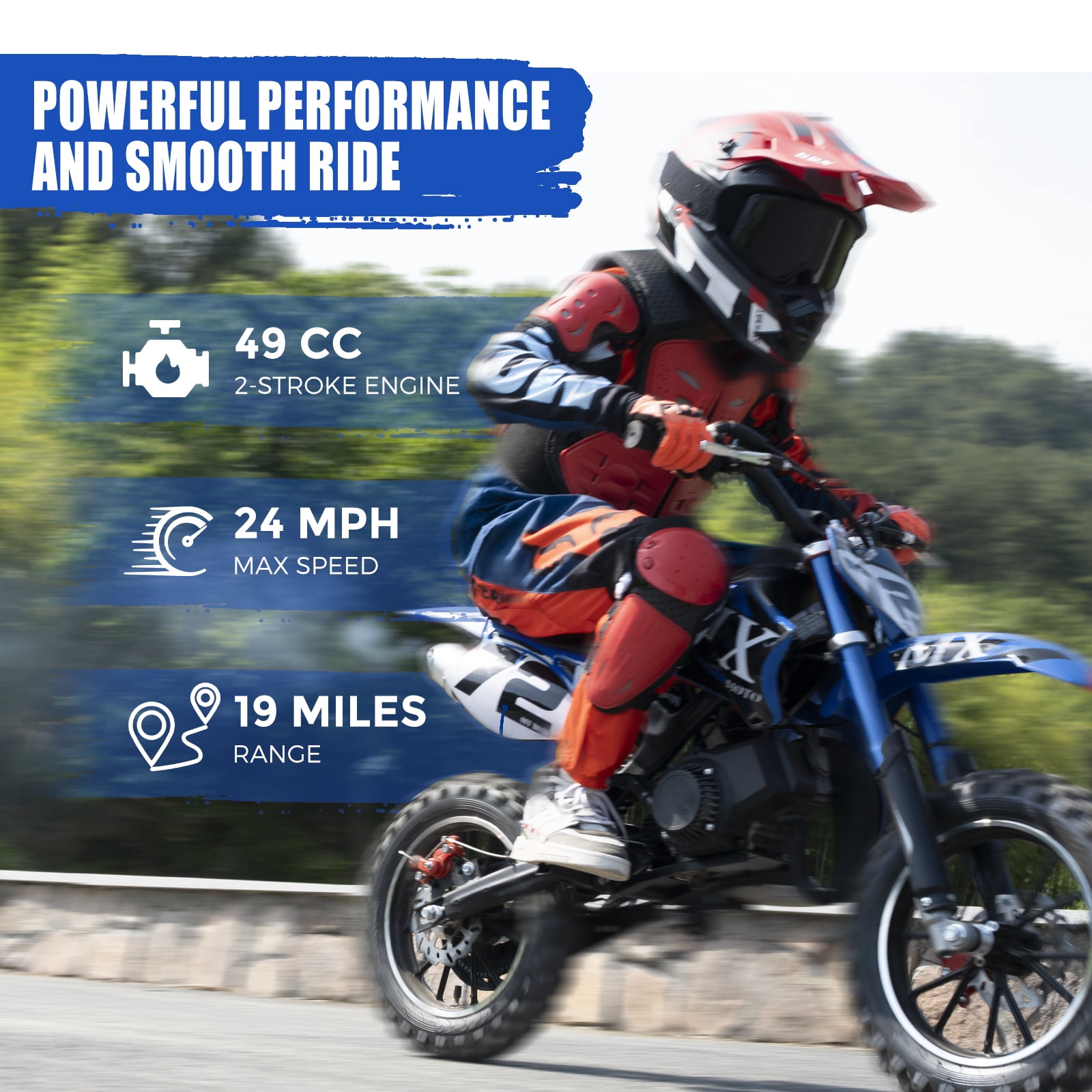 2-Stroke Off-Road Motorcycle, Kids Dirt Bike 49cc Gas Powered - 24 MPH Max Speed with Shock Absorber & Dual Disc Brakes，Kill Switch, Max Load 220LBS BLUE