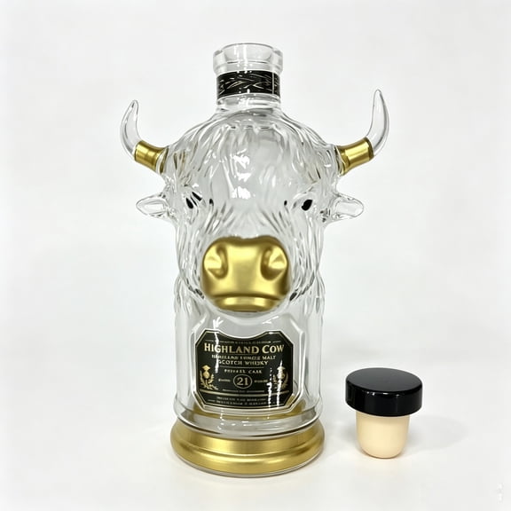JWZZYD Highland Cow Head Shaped Scotch Whisky Bottle, 6.7" Vintage Clear Glass Liquor Decanter, Collectible Gift Halloween Christmas Festival Private Cask, Bar Home Decor