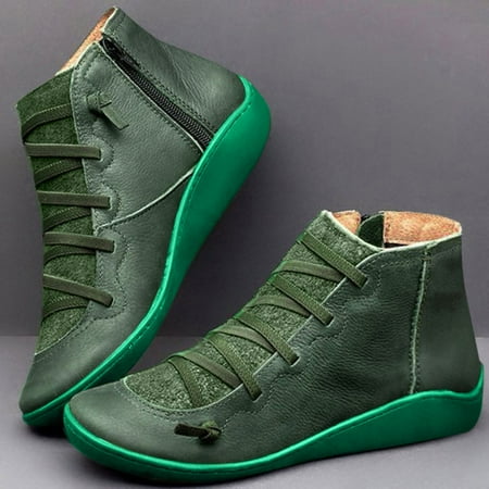 

GUOBIOZIY Women s Low-heeled Ankle Boots Women Casual Flat Leather Retro Lace-Up Boots Side Plus Zipper Shoe Boots Green 6.5