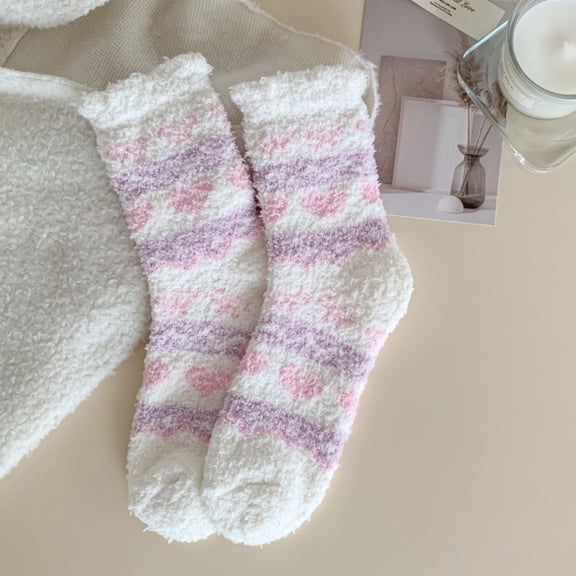 Womens Fluffy Socks 2 Pairs, White Ultra Soft Fuzzy Socks with Ruffled Cuff, Cozy Non-Slip Patterned Lounge and Sleep Socks,Size