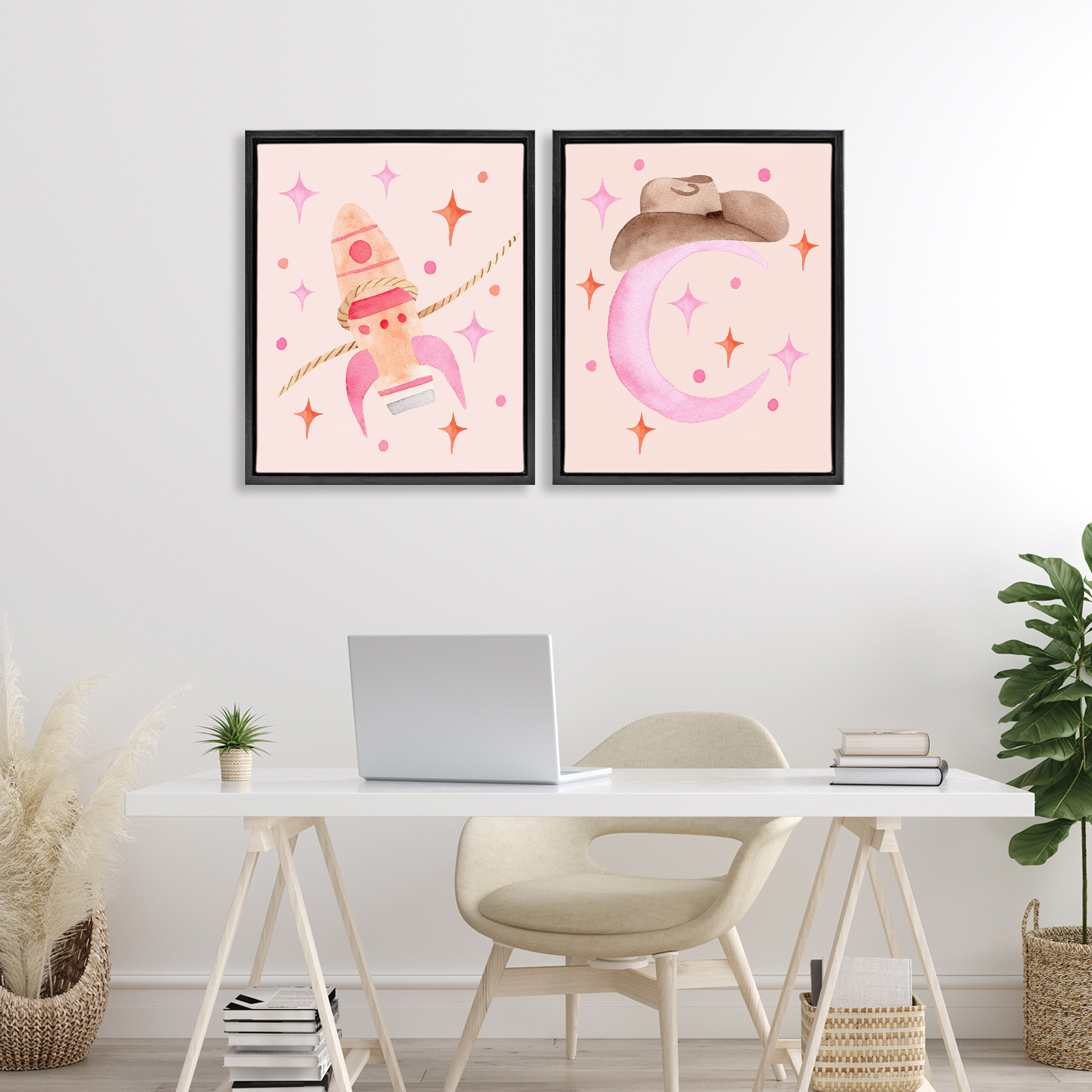 Space Cowgirl Rocket Ship 2 Piece Black Framed Floater Canvas Set, design by Nina Jacobs