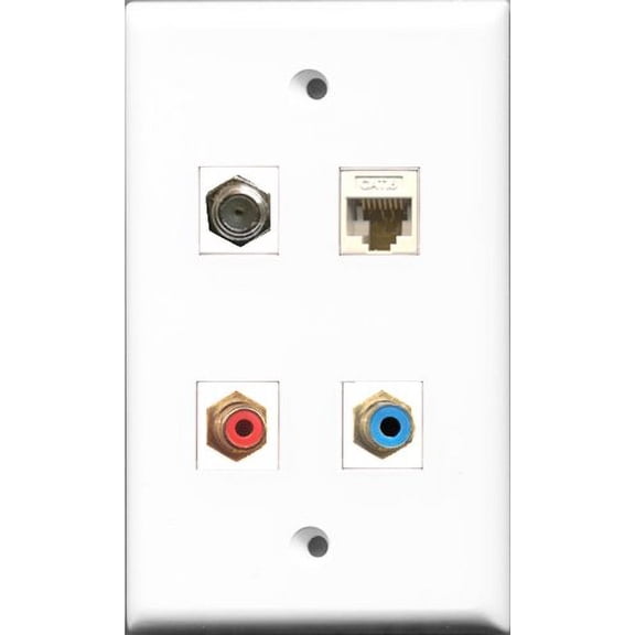 RiteAV 1 Port RCA Red and 1 Port RCA Blue and 1 Port Coax Cable TV- F-Type and 1 Port Cat6 Ethernet White Wall Plate