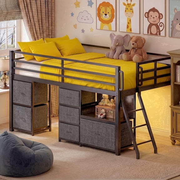 UIOWIO Twin Loft Bed with 6 Storage Drawers & Shelf, Loft Bed with LED Lights & Play Curtain, Metal Loft Bed Frame with Ladder & Safety Guardrail, Black