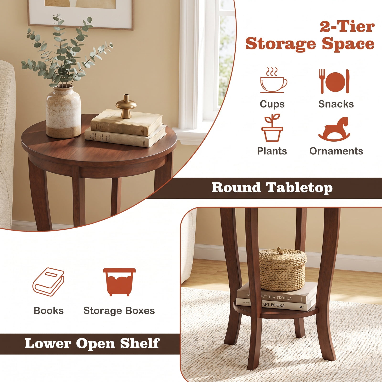 Furnibear 2 Tier Round End Table with Solid Rubber Wood Legs and Lower Storage Shelf for Living Room Bedroom and Small Spaces, Brown
